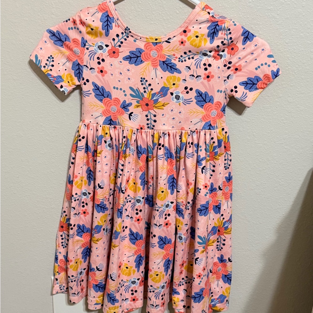 Girls' Pink Floral Short-Sleeve Twirl Dress